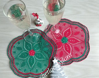 ヴィンテージ かぎ針編み クリスマス ドイリー 2 枚セット 赤と緑