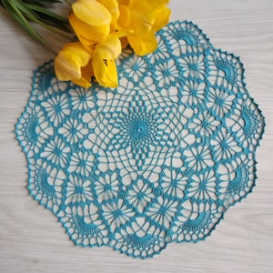 Teal crochet doily, lace table decor, cotton teal doily, green doily