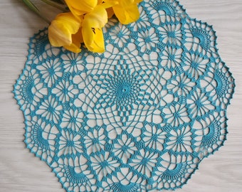 Teal crochet doily, lace table decor, cotton teal doily, green doily