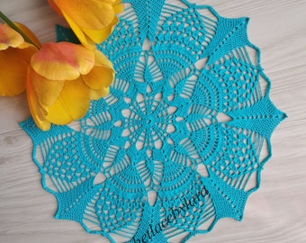 Blue crochet doily, floral round doily, blue crochet lace, Ukrainian shop