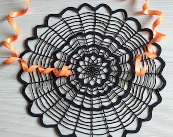 Black round crochet doily, Halloween black decor, Halloween crochet doily, Spider web doily, Lace table decor, Cotton black doily