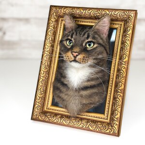May include: A three-dimensional needle felted sculpture of a brown tabby cat with a white chest, mounted inside an ornate, rectangular, antique-style gold frame with intricate scrollwork patterns along the border and a dark inner background.