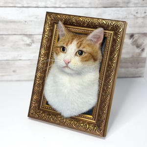 May include: A three-dimensional needle felted cat portrait featuring a white and orange tabby cat head. The cat has amber eyes and a pink nose, set within an ornate, rectangular, metallic gold-colored picture frame with intricate scrollwork.
