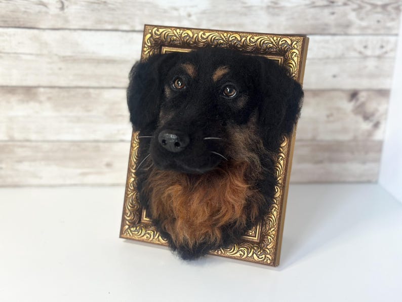 May include: A needle-felted dog head sculpture mounted inside a rectangular, ornate gold-coloured frame. The dog has black fur on its ears and muzzle, with brown fur on its chest and around its eyes, featuring dark eyes and a black nose.