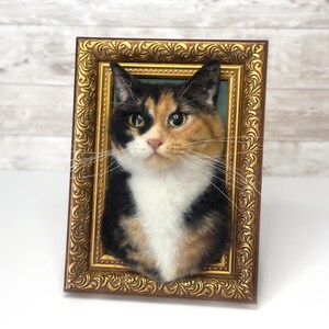 May include: A three-dimensional needle felted calico cat portrait mounted inside an ornate, rectangular gold-toned frame. The cat features a mix of black, orange, and white fur with long, thin whiskers, set against a solid teal background.