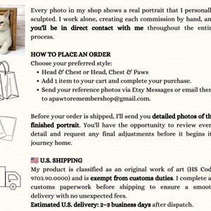 May include: An informational graphic detailing a custom pet portrait service. It features a cat in a gold frame, shopping bags, polaroid photos, and a delivery truck icon. The text outlines the ordering process, review steps, and shipping details.