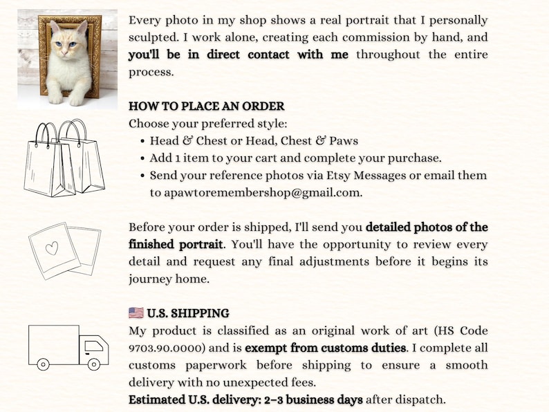 May include: An informational graphic detailing a custom pet portrait service. It features a cat in a gold frame, shopping bags, polaroid photos, and a delivery truck icon. The text outlines the ordering process, review steps, and shipping details.