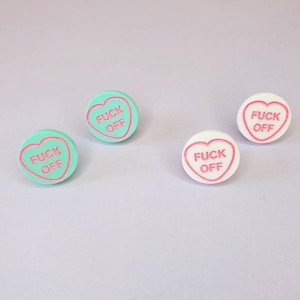 Loveheart Fuck Off Acrylic Stud Earrings. Green And Pink Or White And Pink. Etched And Hand Painted Detail.