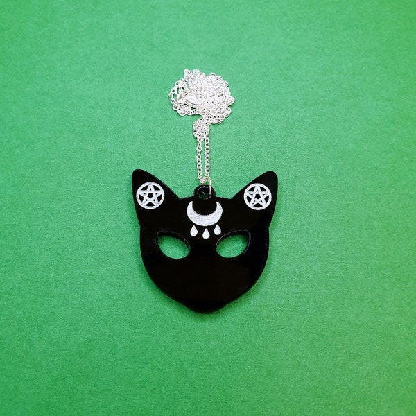 Lyra The Demon Cat Black Acrylic Necklace. Etched And Painted Details. Halloween Necklace. Earrings Available!