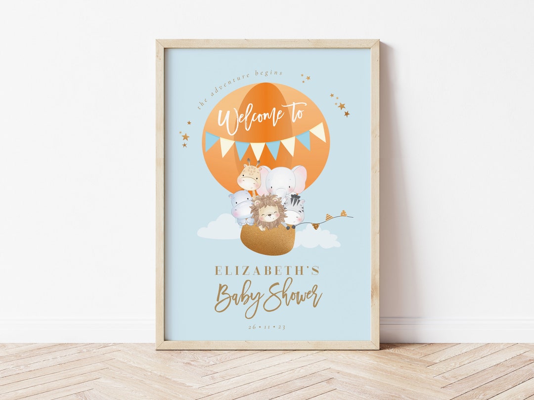 Hot Air Balloon Baby Shower Welcome Sign, Safari Animals Hot Air ...