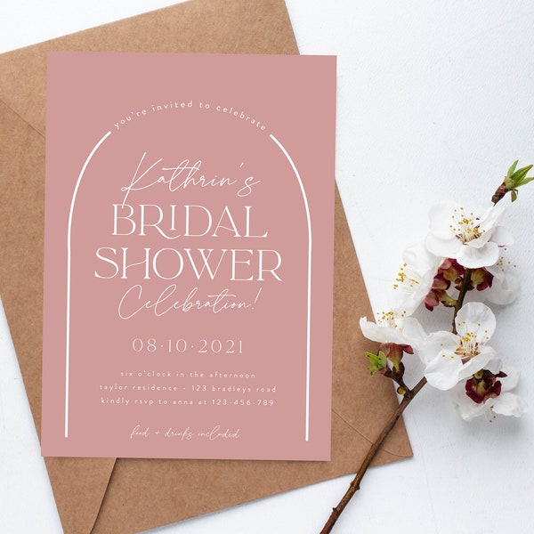Modern Dusk Pink Bridal Shower Invitation, Arch Bridal Shower, Minimalistic Arch Bridal Shower, Engagement Hens Shower, Pretty pink, M038
