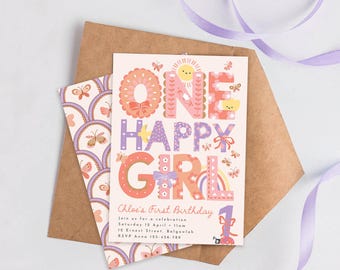 Ein glückliches Mädchen zum ersten Geburtstag Einladung Mädchen, Pastell Blumen Schmetterlinge 1. Geburtstag, rosa lila Bänder Bögen bearbeitbar digitaler Download