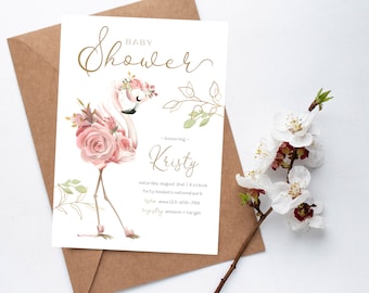 Flamingo Baby shower | | d’invitation à la baby shower pour filles Flamant rose floral | | moderne Floral Pink Baby Sprinkle Joli flamant rose M063