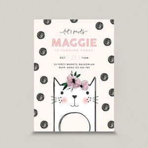 cat themed birthday invite | cat party invitation | Modern cat | Kitty Cat | Printable Invite template | instant download | girls birthday