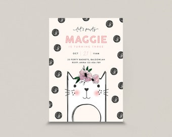 cat themed birthday invite | cat party invitation | Modern cat | Kitty Cat | Printable Invite template | instant download | girls birthday