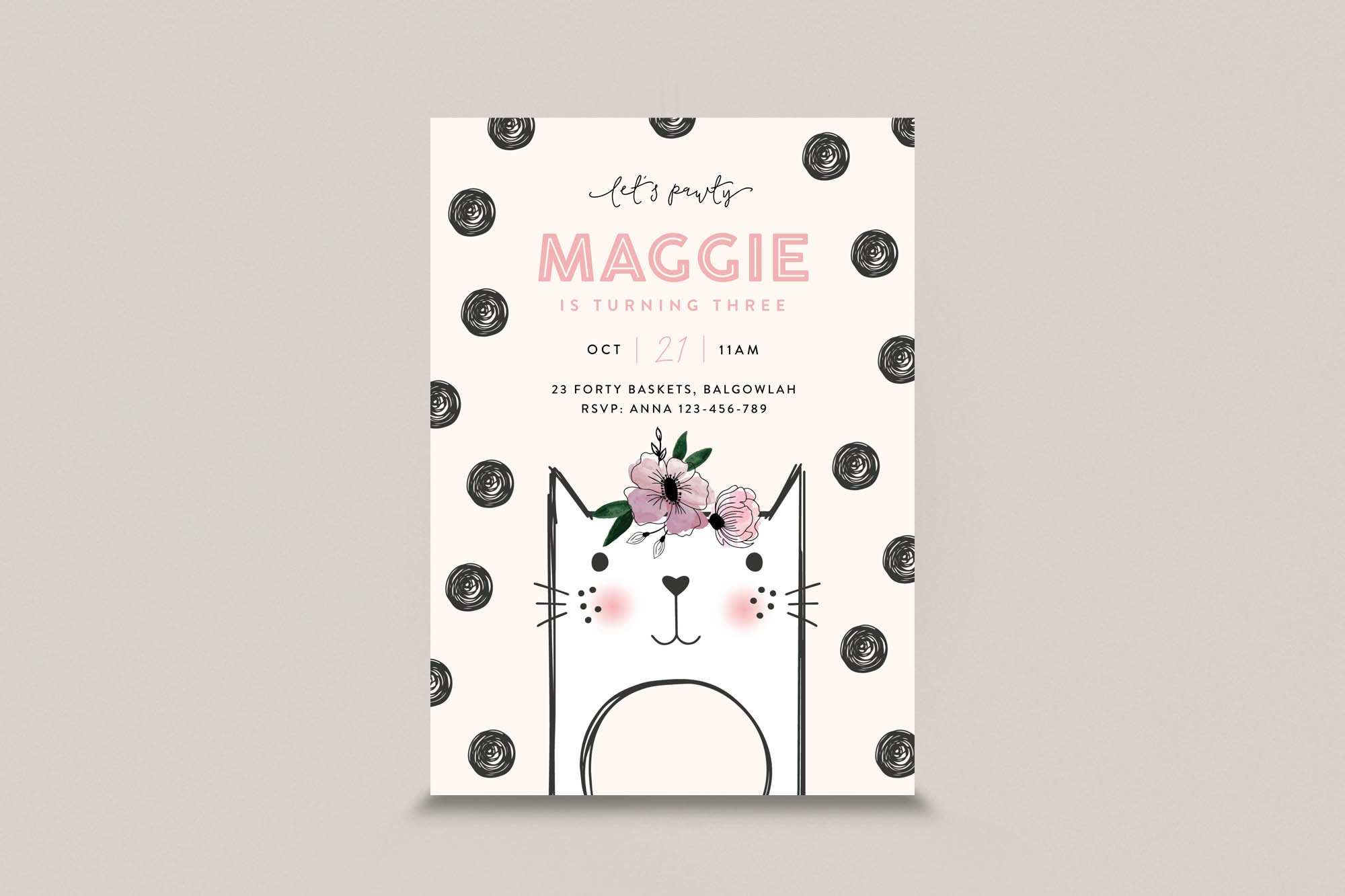 cat themed birthday invite | cat party invitation | Modern cat | Kitty Cat | Printable Invite template | instant download | girls birthday