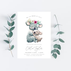 Koala Bear Baby Shower Invitation, Cute Koala Australian Animal Theme Baby Shower, Floral koala, DIY Editable Template Instant Download