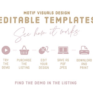 Puede incluir: Un gr&aacute;fico que muestra los pasos para usar una plantilla editable. Los pasos son: Probar la demostraci&oacute;n, Comprar la lista, Editar tu dise&ntilde;o, Guardar como PDF/JPEG, Descargar e imprimir. El gr&aacute;fico incluye iconos para cada paso y el texto "Encuentra la demostraci&oacute;n en la lista".