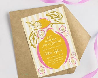 Main Squeeze Brautdusche Einladung, Gelb Streifen Zitrone Zitrusfrüchte Handgezeichnete Rosa Gelb Zitrone Sommer Braut Brunch Digitale Vorlage Einladen