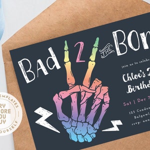 Girls 2nd Birthday Invitation, Halloween Birthday Party Bad TWO the Bone, Rainbow Peace Skeleton Hand Editable Digital Instant Download M086