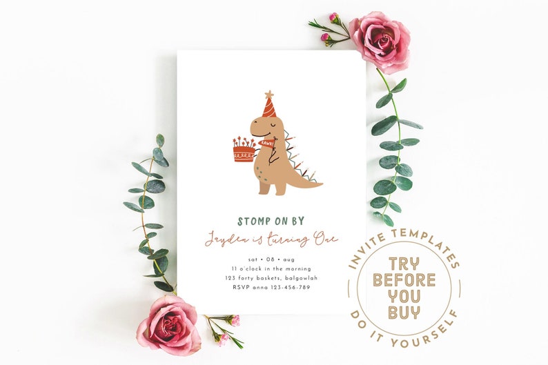 May include: A printable invitation for a first birthday party with a dinosaur theme. The invitation features a cartoon dinosaur holding a birthday cake with candles. The text on the invitation reads "Stomp on by [Name] is turning one" and includes the date, time, and location of the party. The invitation also includes the text "Invite Templates Try Before You Buy Do It Yourself".