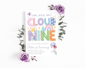Cloud Nine Geburtstag einladen, Mädchen 9. Sommer-Geburtstag, Pastellfarben, bearbeitbar We're On Cloud 9 einladen, druckbare Vorlage Sofort-Download