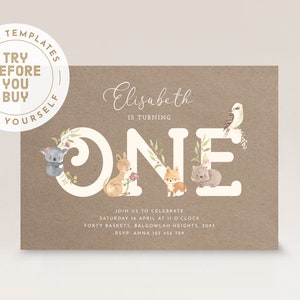 First Birthday Invite Girl | Cute Australian Animals | Editable Template |  Girls 1st | Native Koala Kangaroo Eucalyptus | INSTANT DOWNLOAD