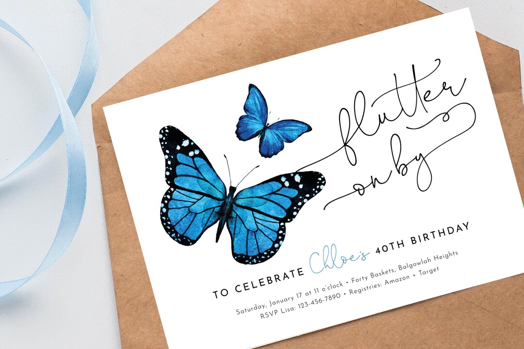 Butterfly Birthday Invitation Blue Butterfly Party Invite Etsy