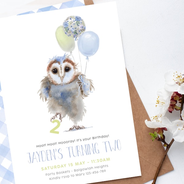 Editable Owl Birthday Party Invite, Modern Watercolor Owl, Boys Birthday, Forest Kids Party Owl, Printable Template Instant Download, M106