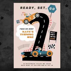 First Birthday Race Car Invite | Cut Bunny Race | Bunny Car Race | First Birthday Party | Vintage Race Car | Wacky Races First Birthday