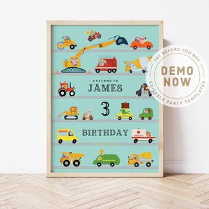 May include: A blue and yellow construction themed birthday poster with a welcome to James and 3rd birthday text. The poster features a variety of construction vehicles including a bulldozer, cement mixer, and fire truck.