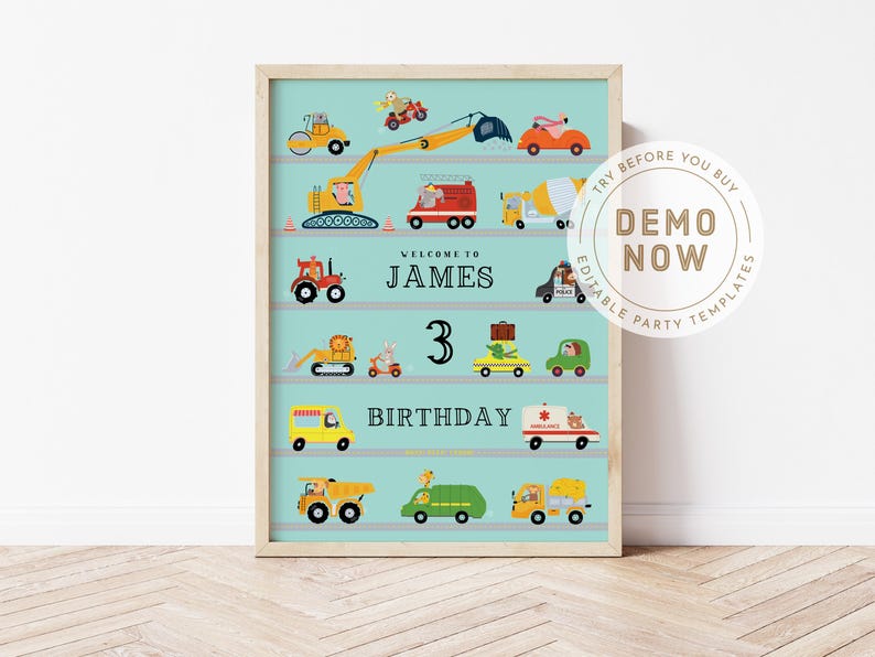 May include: A blue and yellow construction themed birthday poster with a welcome to James and 3rd birthday text. The poster features a variety of construction vehicles including a bulldozer, cement mixer, and fire truck.