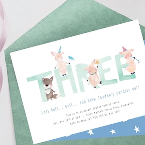 Three Little Pigs Third Birthday Party Boy, Big Bad Wolf 3 Little Pigs, Storybook-Fairytale, Modern Cute 3 party Editable Template Download