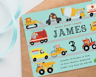 May include: A blue and yellow birthday invitation with a cartoon illustration of various vehicles, including a fire truck, a cement mixer, a police car, and a tractor. The invitation says "Honk! Beep! Vroom! James is turning 3" and includes the date, time, and location of the party.