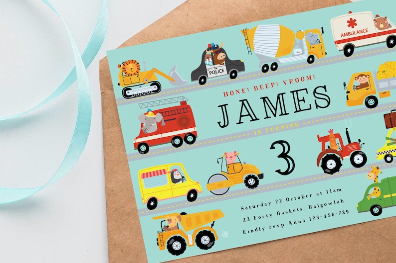 May include: A blue and yellow birthday invitation featuring a cartoon illustration of various vehicles, including a fire engine, a cement mixer, a police car, and a tractor. The invitation reads "Honk! Beep! Vroom! James is turning 3" and includes the date, time, and location of the party.