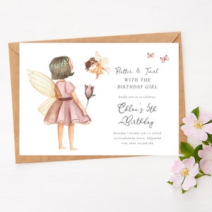 May include: A birthday invitation with a watercolor illustration of a fairy with wings and a flower. The text reads "Flatter & Faerie with the Birthday Girl. Kindly join us to celebrate Chloe's 5th Birthday. Saturday, October 28th, 3 o'clock, 23 Condamine Street, Balgowlah. RSVP: Anna 123-456-789".
