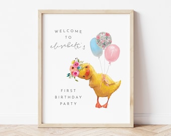 Letrero de bienvenida para cumpleaños de pato, decoración para fiesta de pato, letrero de bienvenida para fiesta de niñas, globos florales, patito floral, azul y rosa, M027