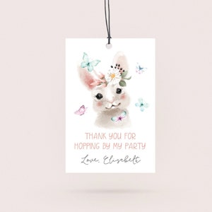 Bunny Thank You Gift Tag, Bunny Favor Tags, Thank You Card Girl Party, Thanks for Hopping by, Floral Bunny Butterflies, Bunny Birthday, M035