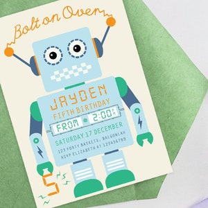Robot Birthday Party Invite, Boys First Birthday Party Editable Template Modern Robot Party, Robot theme Bolt on Over, Digital Download M013