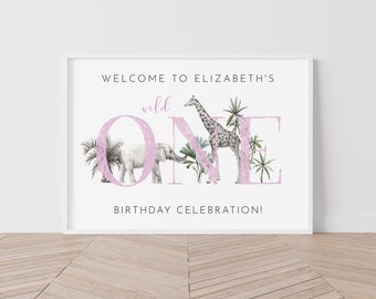 Girls First Birthday Welcome Signage, Safari Party theme, Giraffe Elephant Jungle Animals, Welcome Sign Girls First Birthday Wild One, M014