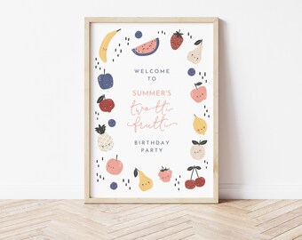 May include: A white printable party invitation with a colorful fruit theme. The text reads "Welcome to Summer's Two-tti Frutti Birthday Party".
