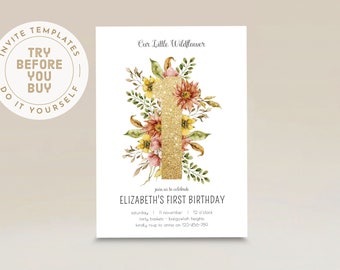 Wildflower Birthday Invite Digital Template l Modern First Birthday Party | Girls 1st Birthday | Greenery Floral Gold One | INSTANT DOWNLOAD