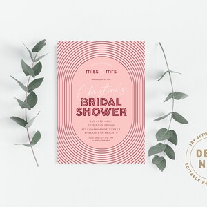 Miss to Mrs Bridal Shower Invitation, Editable Template Arch Bridal Shower, Bachelorette Party digital Download, Minimalist Pink Shower M080 image 2