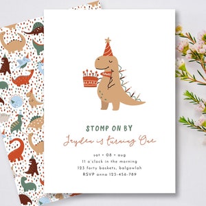 May include: A birthday invitation featuring a cartoon dinosaur wearing a party hat and holding a cake. The text reads "STOMP ON BY Jayden is turning One sat 08 aug 11 o'clock in the morning 123 forty baskets, balgowlah RSVP anna 123-456-789"