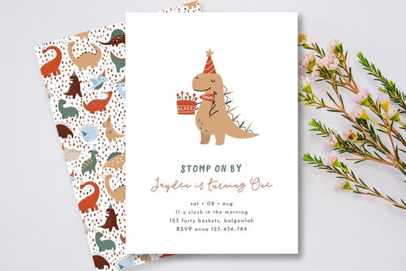 Cute Dinosaur Kids Birthday Invitation, Modern Minimalist TRex Dino Invite, Party like a Dinosaur, Stomp on Over Digital Instant Download