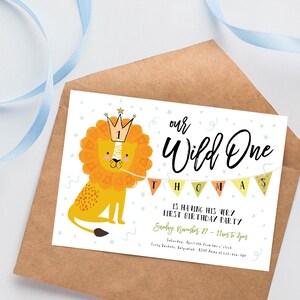 Boys Wild One Birthday Invite, Lion Wild One Birthday Party, Cute Lion, Boys First Birthday, Lion Safari Jungle, Digital Instant Download