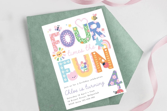 Fourth Birthday Invitation, Spring Flowers, Pastel Rainbow, Girls 4th Party Invite, Four times the Fun (Digital Download)