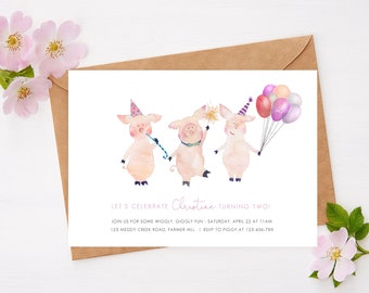 Pig Birthday Invite Editable template | Girls Birthday Party | Three little pigs | Party pigs Oink | Baby Animal Pig | Instant Download M089
