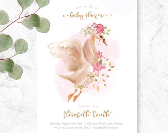 Swan Baby Shower Invitation, Girls Baby Shower, floral swan, swan baby shower, Pink gold Minimalistic, Floral Shower, Sweet Swan, greenery