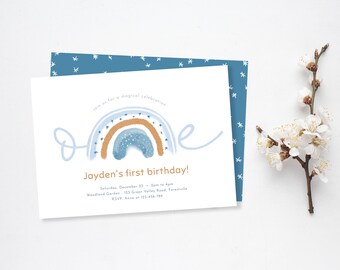 Blue Rainbow 1st Birthday Invite, Boys 1st Birthday, Blue Rainbow Birthday Template Invite, Boy Rainbow, Editable DIY Instant Download M091